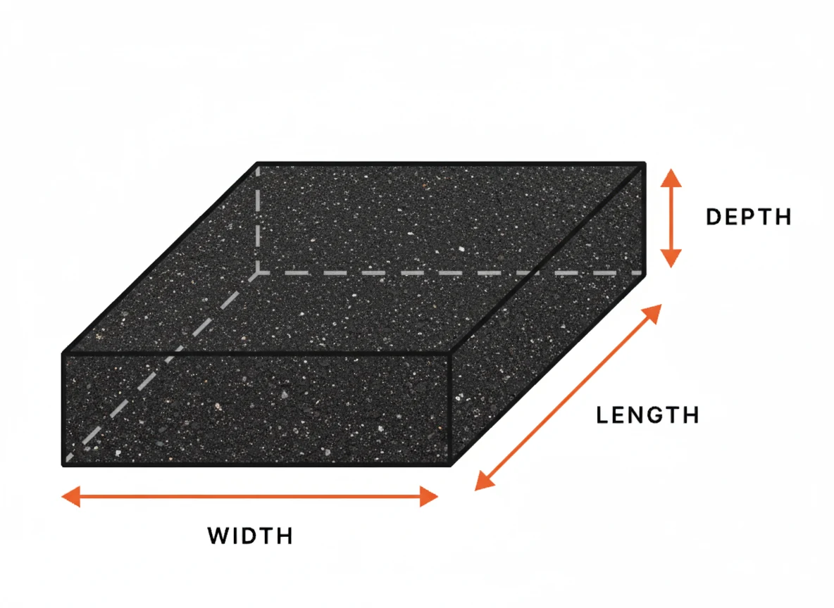 Asphalt calculator dimensions diagram showing how to measure length, width, and depth for accurate asphalt calculations